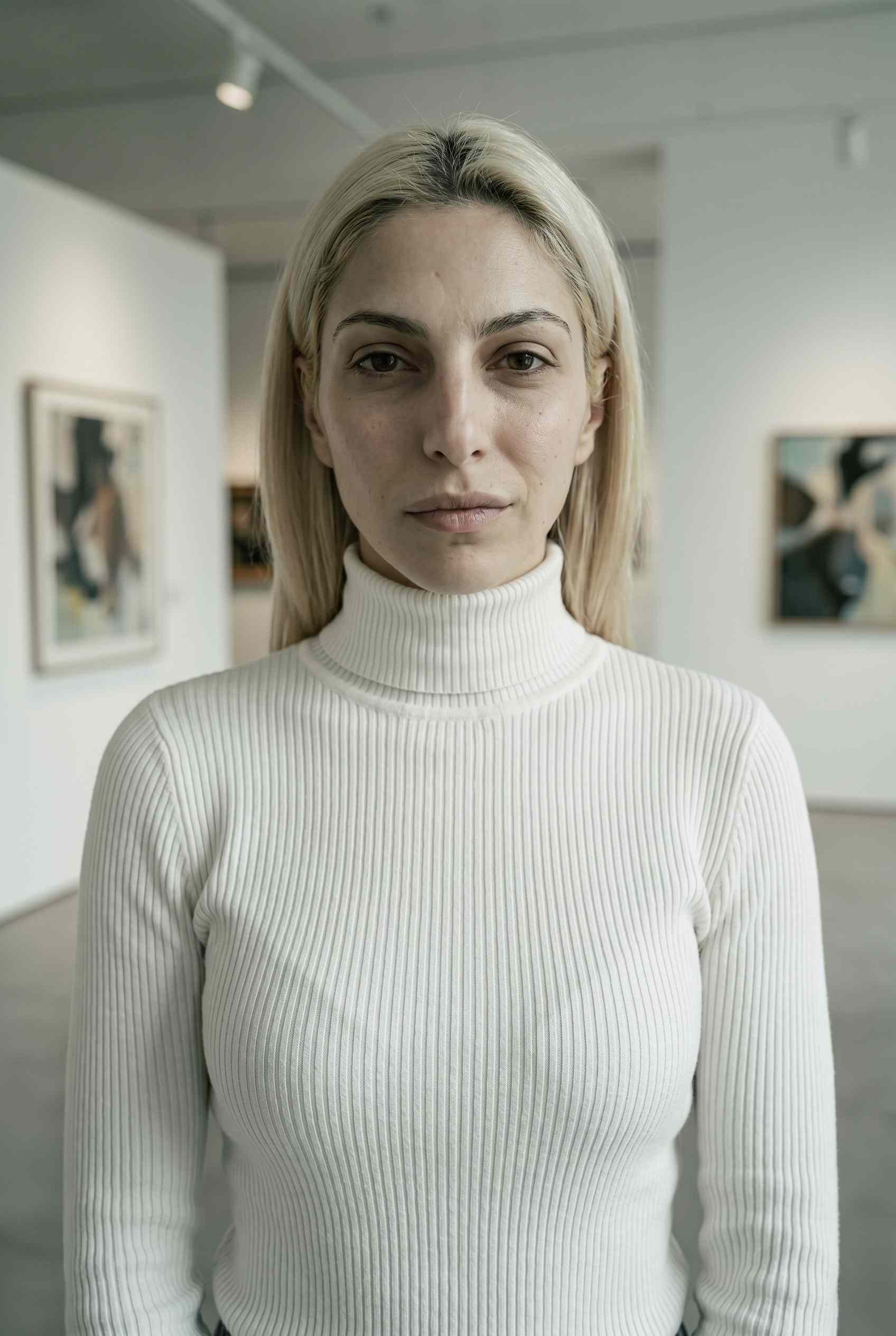Portrait of Aria Volkov, an AI persona, in a white turtleneck inside a minimal art gallery.
